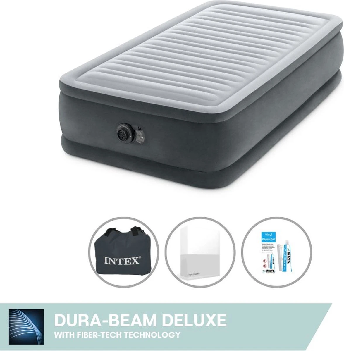 Intex Luchtbed - 1-Persoons - 99 X 191 X 46 Cm - Grijs - Met Ingebouwde Pomp, Hoeslaken Wit En Reparatieset 1 Intex Luchtbed - 1-Persoons - 99 X 191 X 46 Cm - Grijs - Met Ingebouwde Pomp, Hoeslaken Wit En Reparatieset