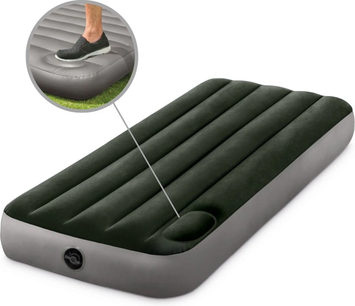 Intex Luchtbed - 1-Persoons - 76 X 191 X 25 Cm - Groen - Met Ingebouwde Voetpomp + Hoeslaken Antraciet + Reparatieset 4 Intex Luchtbed - 1-Persoons - 76 X 191 X 25 Cm - Groen - Met Ingebouwde Voetpomp + Hoeslaken Antraciet + Reparatieset - Afbeelding 4