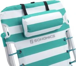 Strandstoel Met Afneembare Hoofdsteun, Draagbare Klapstoel, Campingstoel, Rugleuning Tot 180° Verstelbaar, Met Bekerhouder En Zijvak, Groene En Witte Strepen GCB62JW -Buiten Kamperen 1200x1038 2