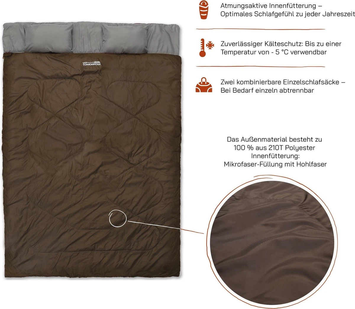 Where Tomorrow Double Slaapzak 220 X 150 Cm Diverse Kleuren - Bruin 2 Where Tomorrow Double Slaapzak 220 X 150 Cm Diverse Kleuren - Bruin - Afbeelding 2