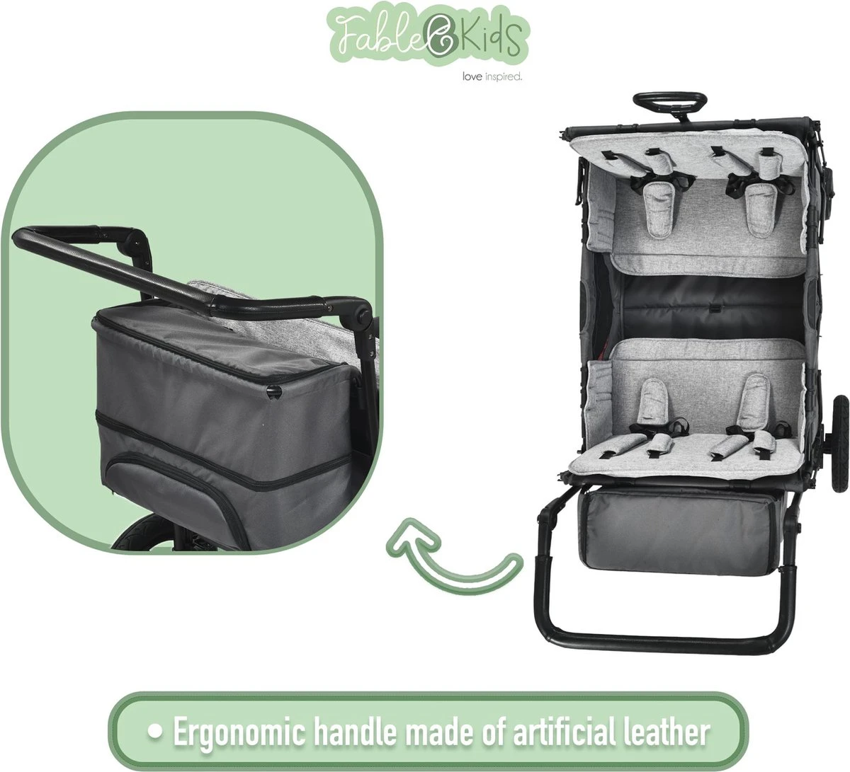 FableKids LEO X4Plus Opvouwbare Wagen Met Dak Fossil Grey 12 FableKids LEO X4Plus Opvouwbare Wagen Met Dak Fossil Grey - Afbeelding 12