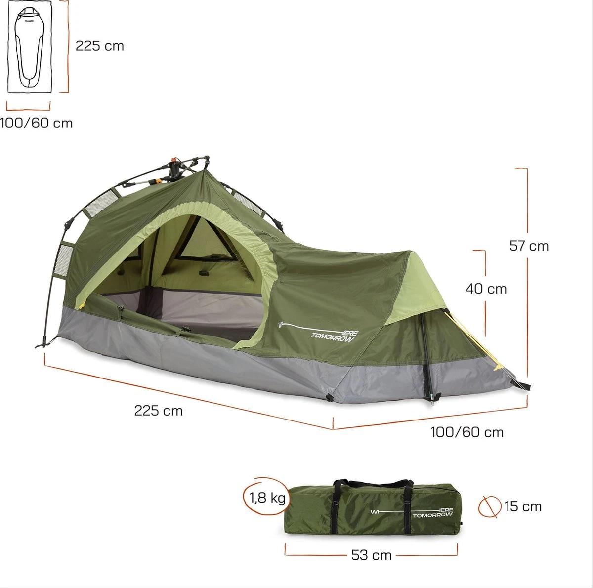Where Tomorrow Solo Tent 225X100X57 Cm - Groen - 1 Persoons 6 Where Tomorrow Solo Tent 225X100X57 Cm - Groen - 1 Persoons - Afbeelding 6