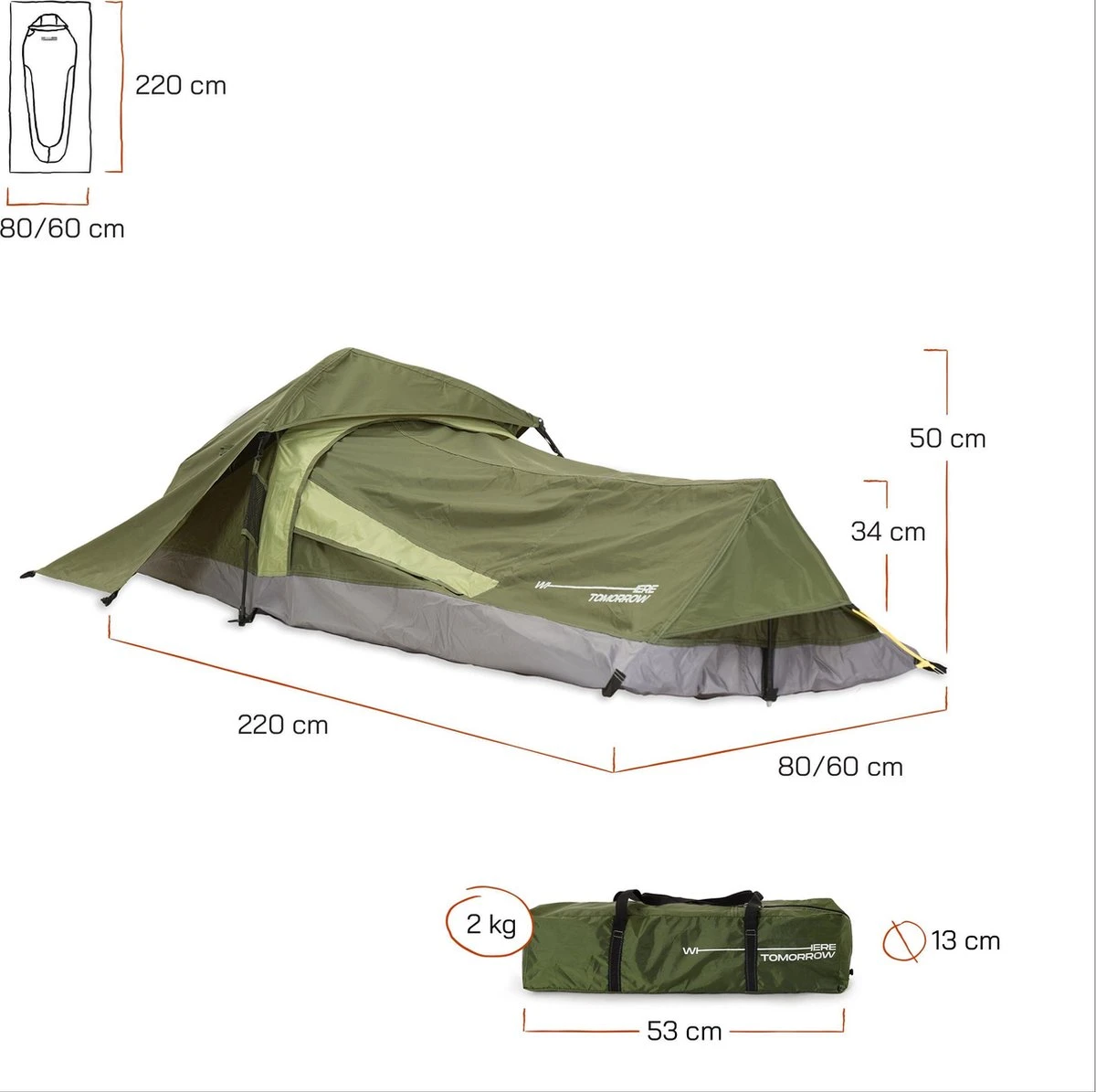 Where Tomorrow Solo Tent 220X80X50 Cm - Groen - 1 Persoons 4 Where Tomorrow Solo Tent 220X80X50 Cm - Groen - 1 Persoons - Afbeelding 4
