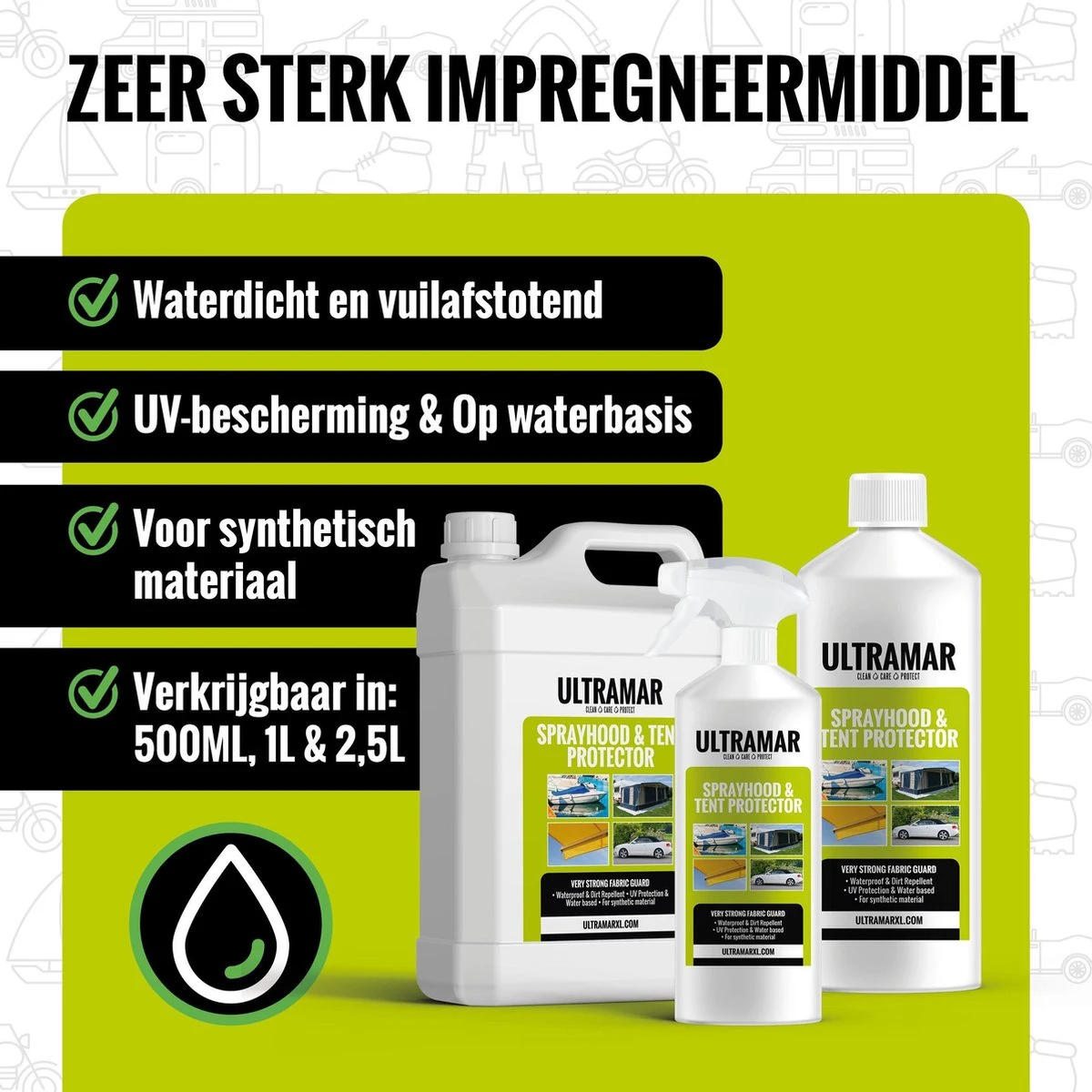 Ultramar - Sprayhood & Tent Protector 2,5L - Impregneermiddel Voor Bootkap, Tent, Cabriodak - Maakt Waterdicht En Geeft Extra Bescherming 3 Ultramar - Sprayhood & Tent Protector 2,5L - Impregneermiddel Voor Bootkap, Tent, Cabriodak - Maakt Waterdicht En Geeft Extra Bescherming - Afbeelding 3