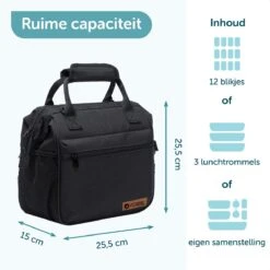 ForDig Lunchtas Zwart - Koeltas Gemaakt Van 600D Polyester Met PEVA-Voering - Ruimte Voor Lunchtrommel / Snacks / Blikjes - Koel Tas Met Mesh Opbergruimtes En Ruimte Voor Bestek - Lunch Tas Cool Bag - Coolerbag - Kleine Cooler -Buiten Kamperen 1200x1200 1561