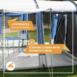 Skandika Montana 8 Tent – Tunneltenten – 8 Persoons Tent – Campingtent – 200 Cm Stahoogte – 2-4 Slaapcabines - Muggengaas – Familietent – 4 Ingangen – 700 X 310 X 200 Cm (L X B X H) - 5000 Mm Waterkolom – Outdoor, Camping – Kamperen – Blauw -Buiten Kamperen 1200x1200 181