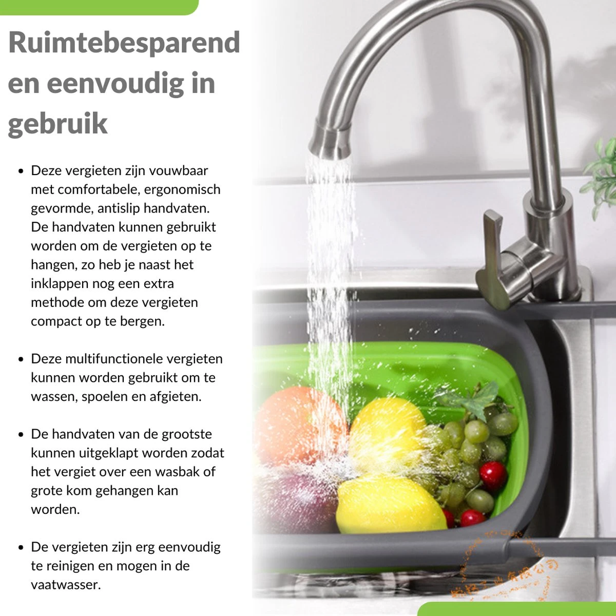 Buxibo - 3-Delige Keuken Vergiet Set Inklapbaar Groen/Grijs 5 Buxibo - 3-Delige Keuken Vergiet Set Inklapbaar Groen/Grijs - Afbeelding 5