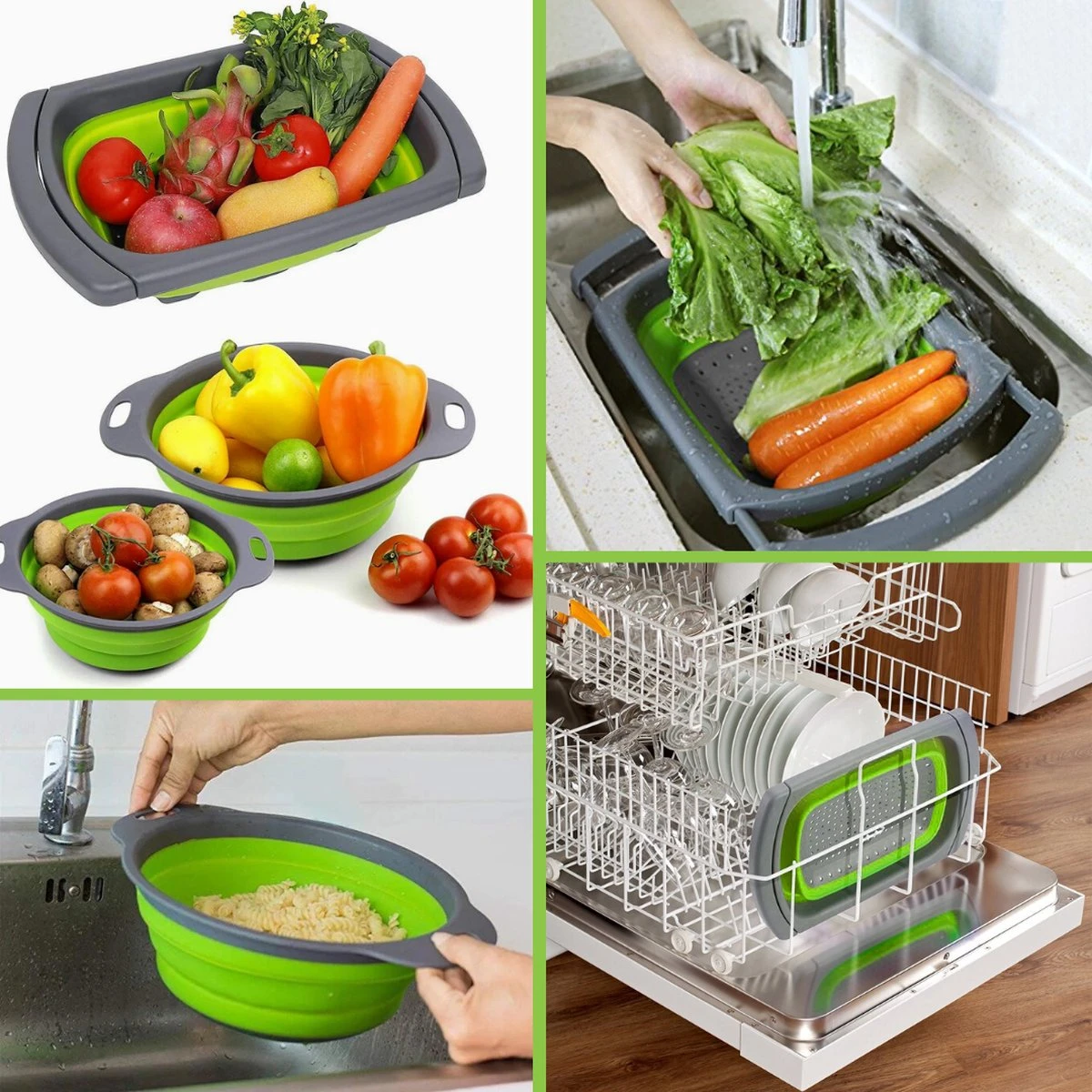 Buxibo - 3-Delige Keuken Vergiet Set Inklapbaar Groen/Grijs 15 Buxibo - 3-Delige Keuken Vergiet Set Inklapbaar Groen/Grijs - Afbeelding 15