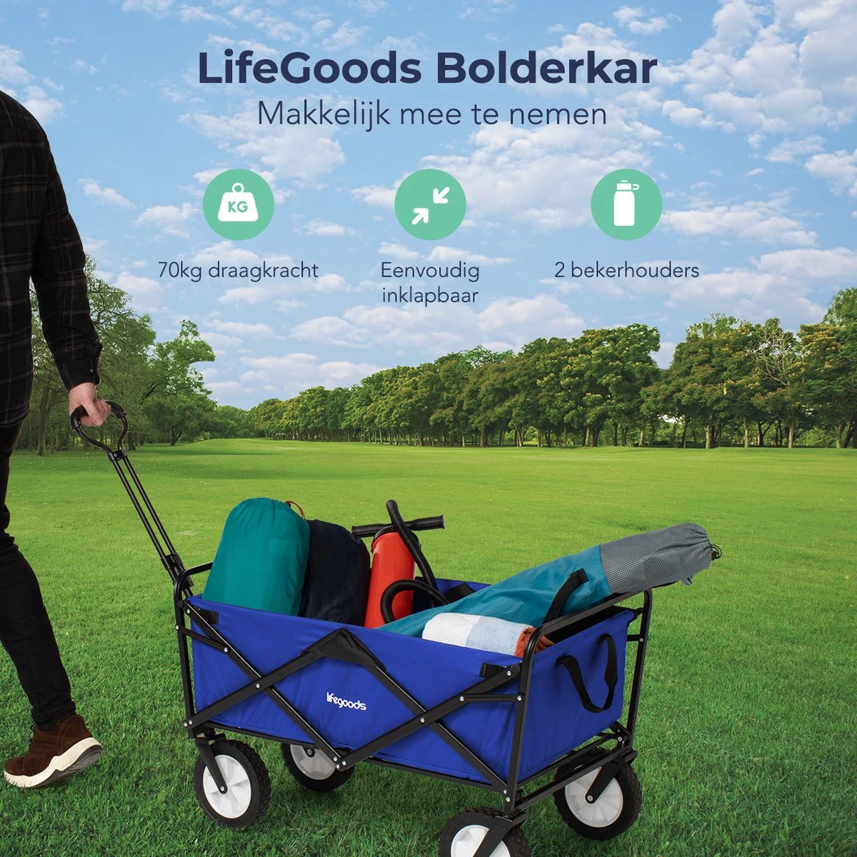 LifeGoods Bolderkar - Opvouwbaar - Draaibare Wielen - 2 Standen - 70KG Draagkracht - Blauw 2 LifeGoods Bolderkar - Opvouwbaar - Draaibare Wielen - 2 Standen - 70KG Draagkracht - Blauw - Afbeelding 2