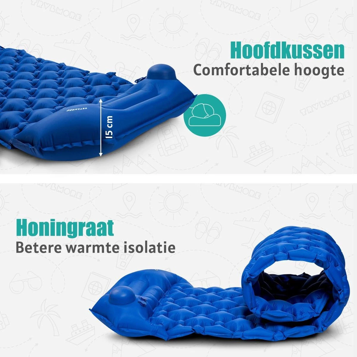 TRVLMORE Slaapmat - Zelfopblazend - 1 Persoons - Ingebouwde Pomp En Kussen - Blauw 5 TRVLMORE Slaapmat - Zelfopblazend - 1 Persoons - Ingebouwde Pomp En Kussen - Blauw - Afbeelding 5