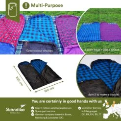 Skandika Dundee Flannel-L Slaapzak – Mummmieslaapzakken – Slaapzakken Volwassen - Maat M – Unisex - Katoen, Luxe Kwaliteit, Dubbele Slaapzak, 3 Seizoenen, Tot -20°C - 220 X 80 Cm - Outdoor Kampeerslaapzak – Ritssluiting Links - Zwart/blauw -Buiten Kamperen 1200x1200 868