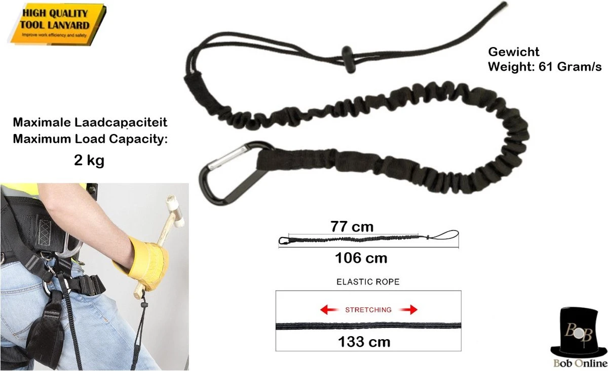 Bob Online ™ - 1 Stuk – Zwart – Gereedschaplijn – Gereedschaplanyard – Elasticate Tool Lanyard – Maximum Load Capacity 2 Kg – Elastisch Gereedschap Lanyard – Gereedschap Valbeveiliging Koord 4 Bob Online ™ - 1 Stuk – Zwart – Gereedschaplijn – Gereedschaplanyard – Elasticate Tool Lanyard – Maximum Load Capacity 2 Kg – Elastisch Gereedschap Lanyard – Gereedschap Valbeveiliging Koord - Afbeelding 4