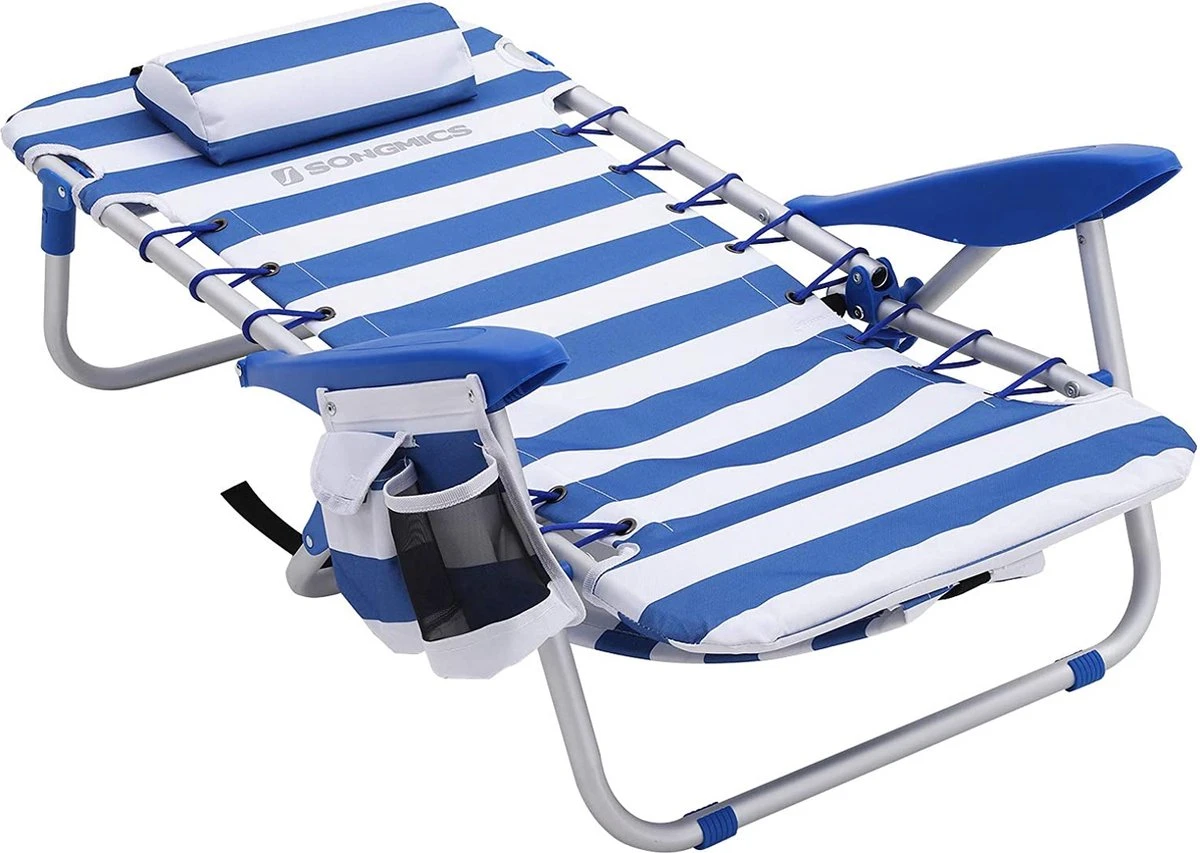 Naqsh Store Strandstoel Met Hoofdkussen, Aluminium, Draagbare Vouwstoel, Campingstoel, Opvouwbaar En Verstelbaar, Zoals Een Rugzak Draagbaar, Buitenstoel, Blauw En Wit Gestreept GCB62BU 2 Naqsh Store Strandstoel Met Hoofdkussen, Aluminium, Draagbare Vouwstoel, Campingstoel, Opvouwbaar En Verstelbaar, Zoals Een Rugzak Draagbaar, Buitenstoel, Blauw En Wit Gestreept GCB62BU - Afbeelding 2