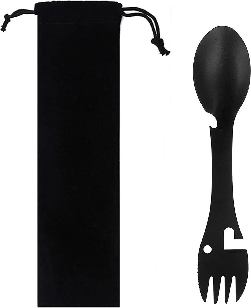 Luverno® - Spork - Incl. Bescherm Hoes - RVS - Bestek To Go - Reisbestek - Keukengadget - 5 In 1 Camping Bestek - Zwart 1 Luverno® - Spork - Incl. Bescherm Hoes - RVS - Bestek To Go - Reisbestek - Keukengadget - 5 In 1 Camping Bestek - Zwart